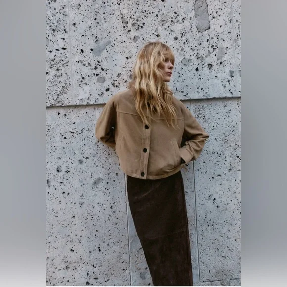 Zara New 100% Leather Suede Collar Jacket Beige NWT - Picture 6 of 14